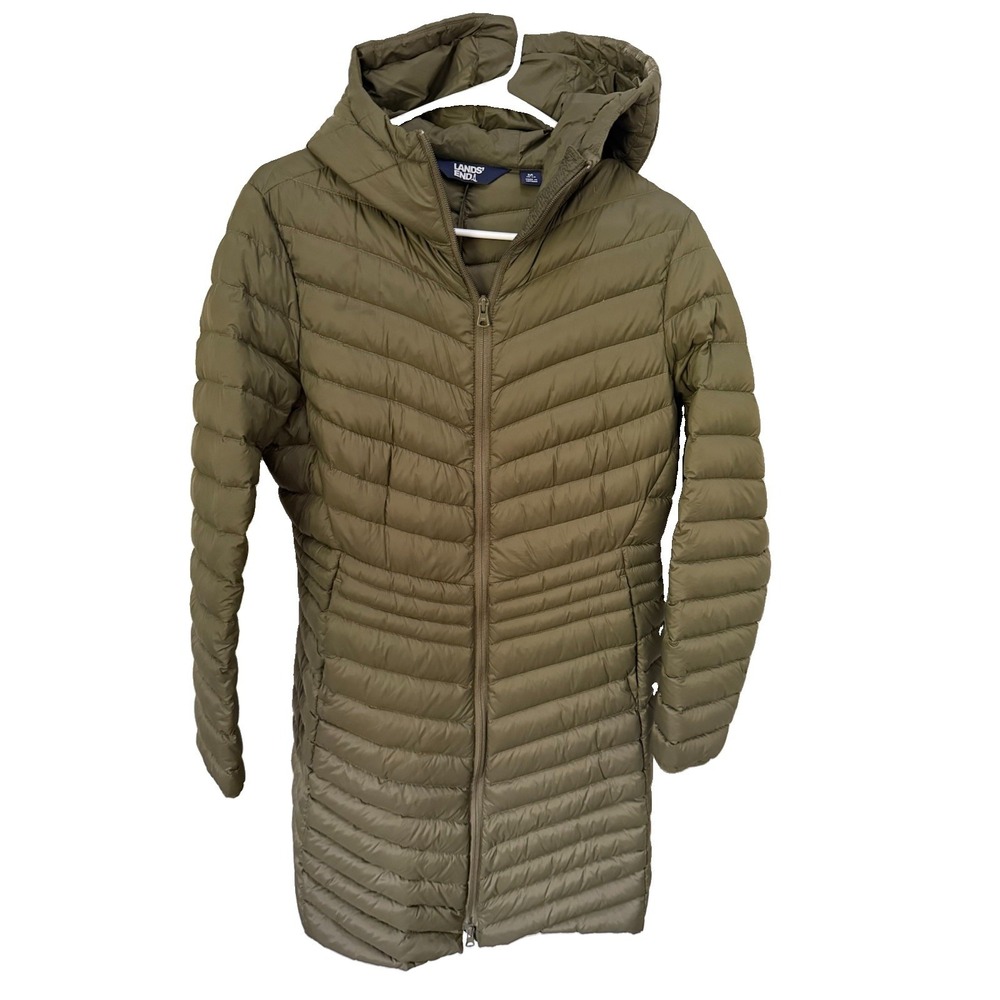 Lands' End Women's Wanderweight Packable Down Jacket M Hoded Olive Green Down
